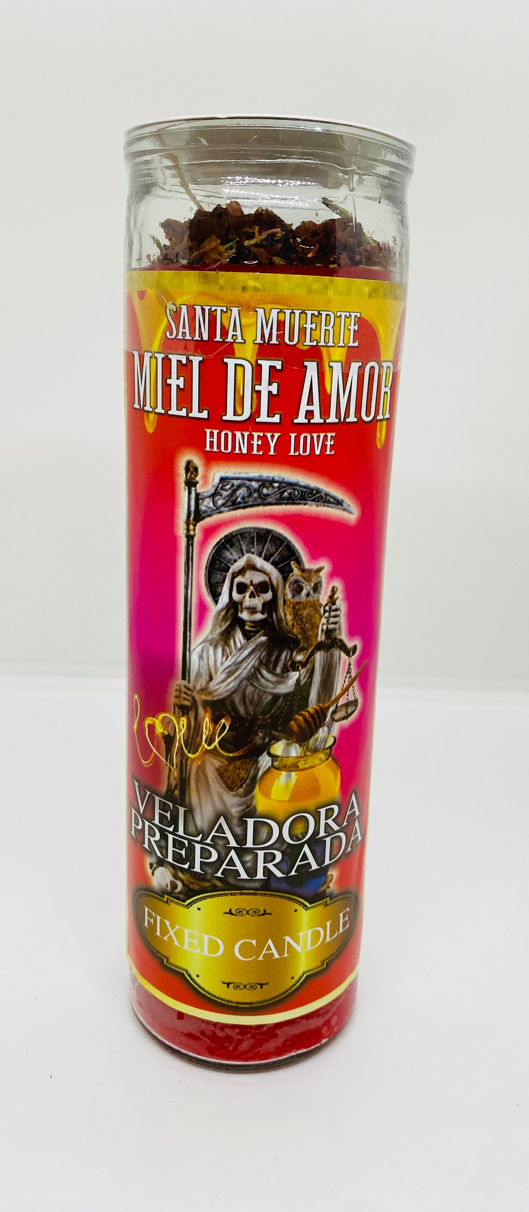 Santa Muerte – Miel de Amor (Honey Love) – Prepared Glass Candle – 7 Day