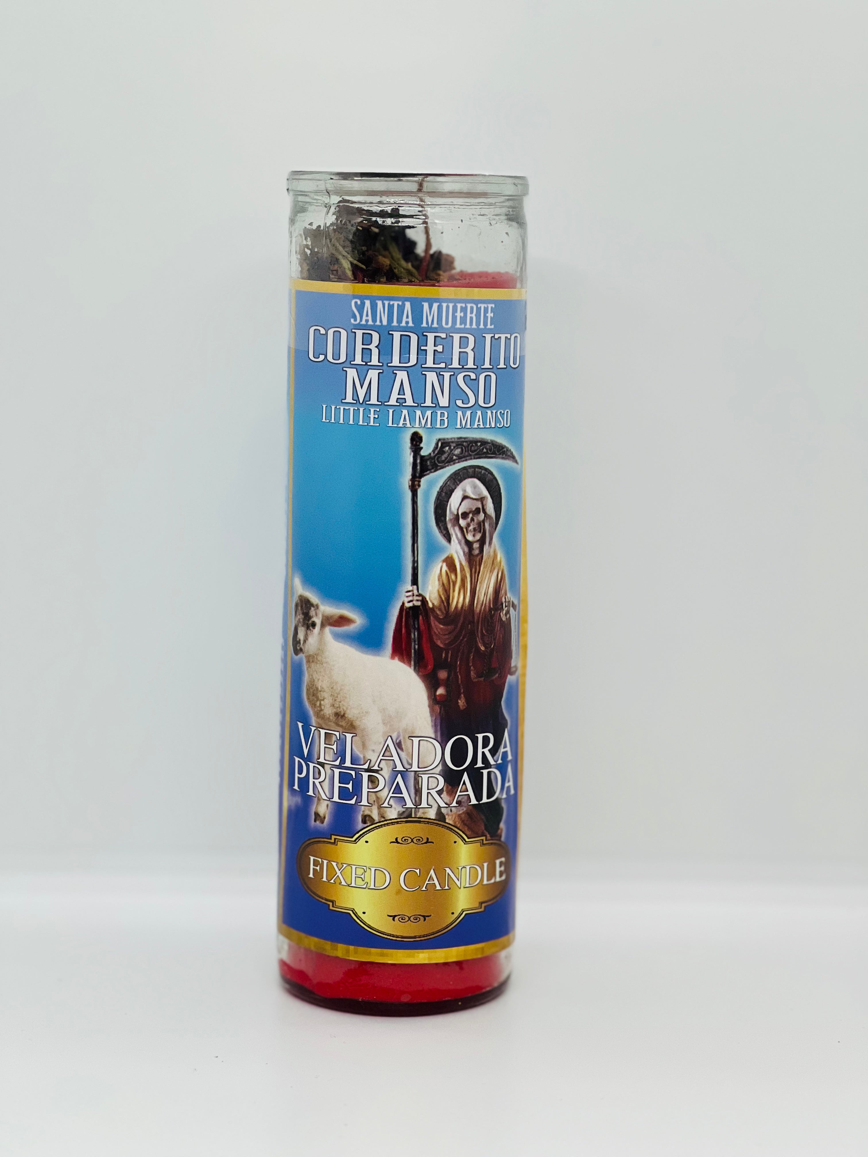 Santa Muerte Corderito Manso (Little Lamb Gentle) – Prepared Glass Candle – 7 Day