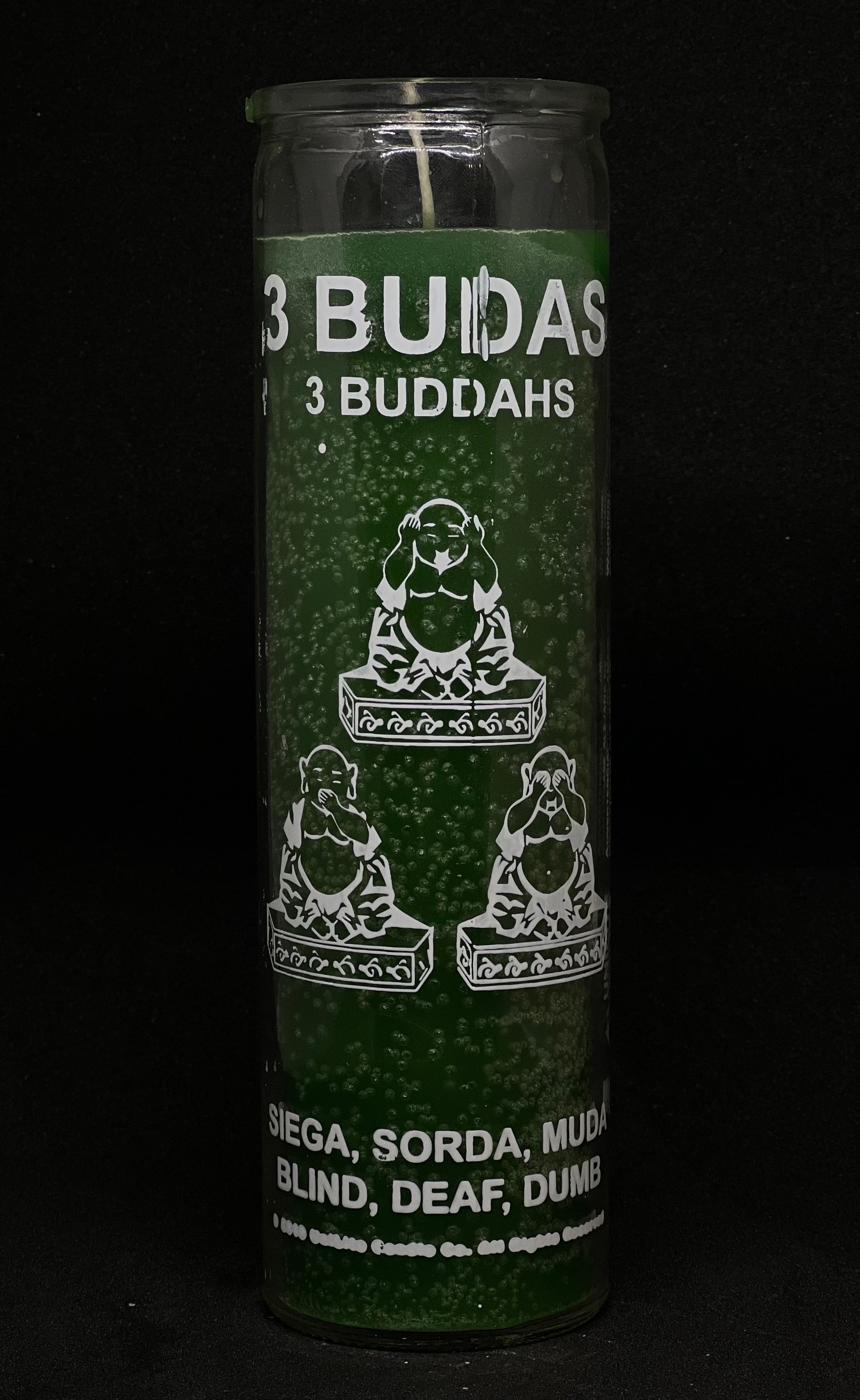 3 Buddhas Green – Devotional Glass Candle - 7 Day