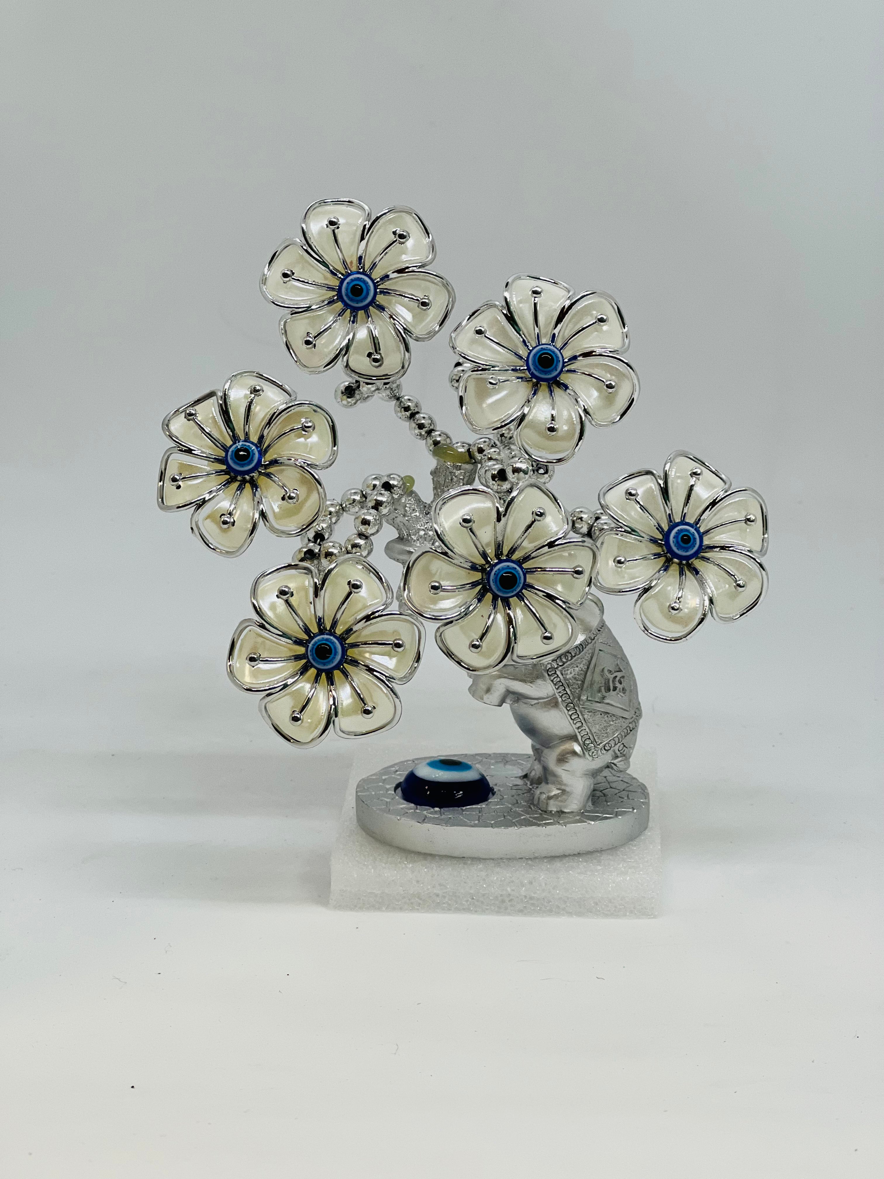 Evil Eye Bonsai Tree with Elephant – Silver Decorative Tree with White Flowers – Home Decor Accent 5 Inch