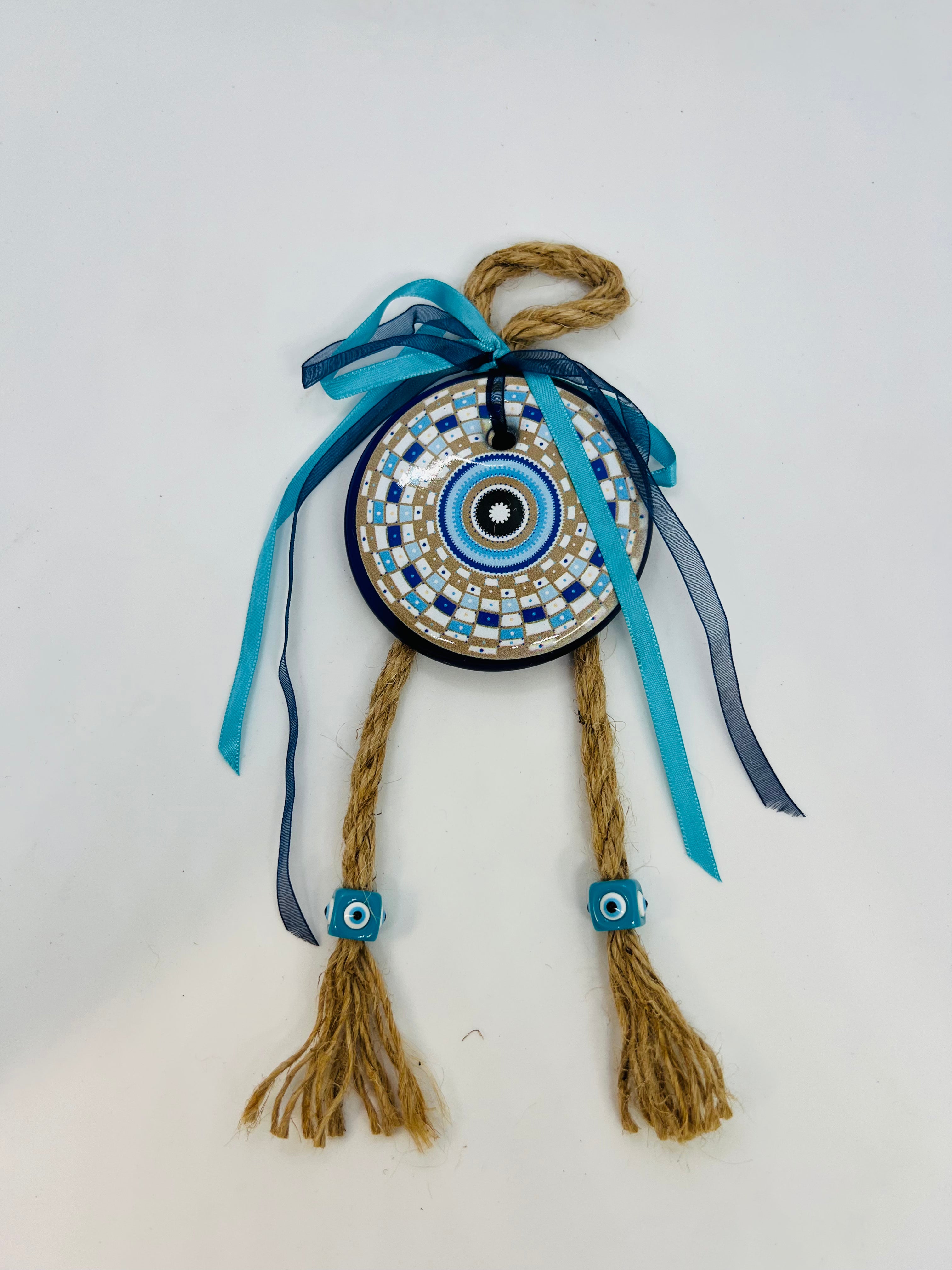 Evil Eye Wall Hanging – Nazar Decor with Tassels – Blue Ribbon & Rope Hanging Ornament – Boho Wall Decor