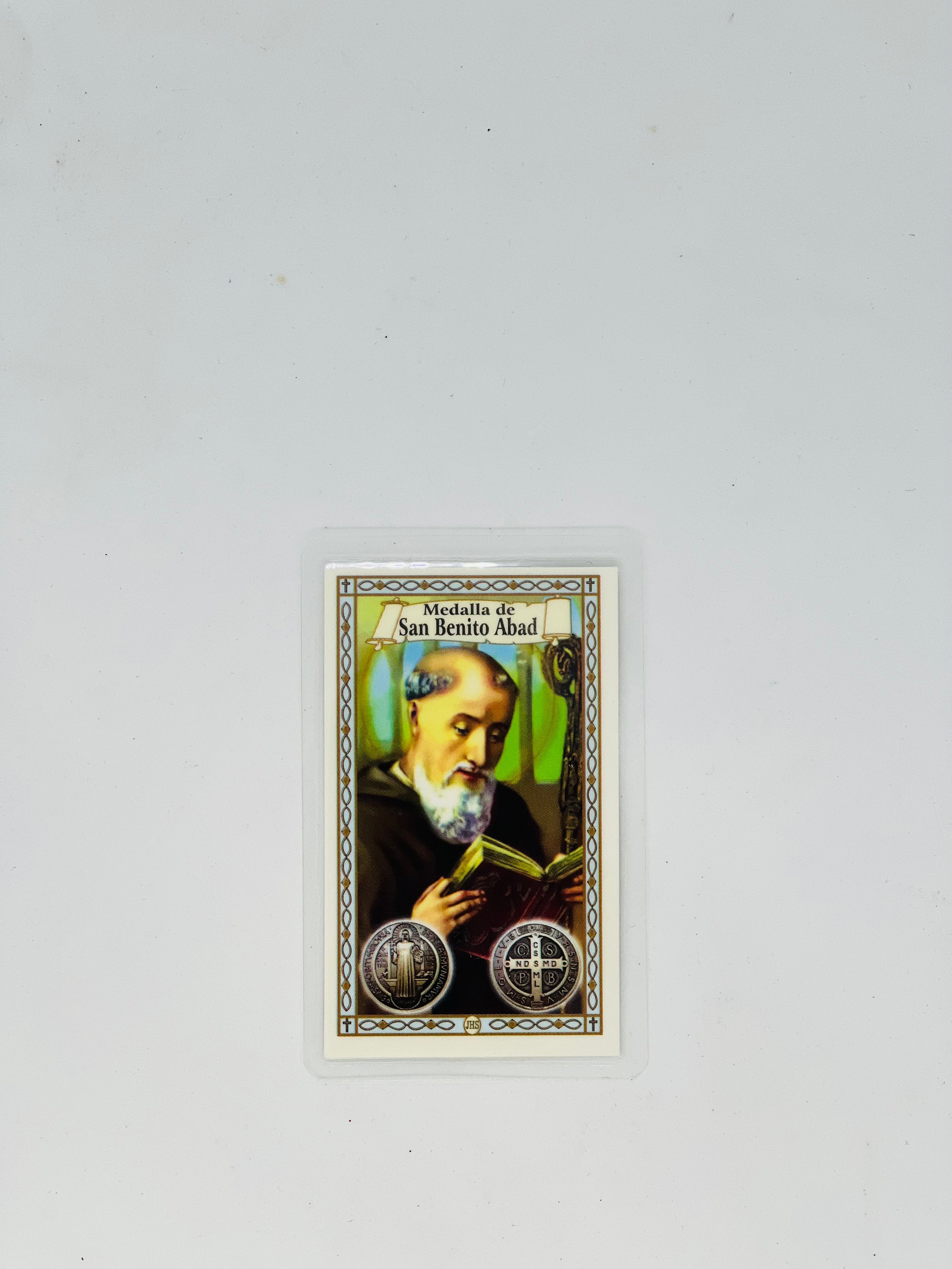 San Benito Abad Prayer Card with Medal Image – Saint Benedict Devotional Card – Religious Pocket Prayer Card