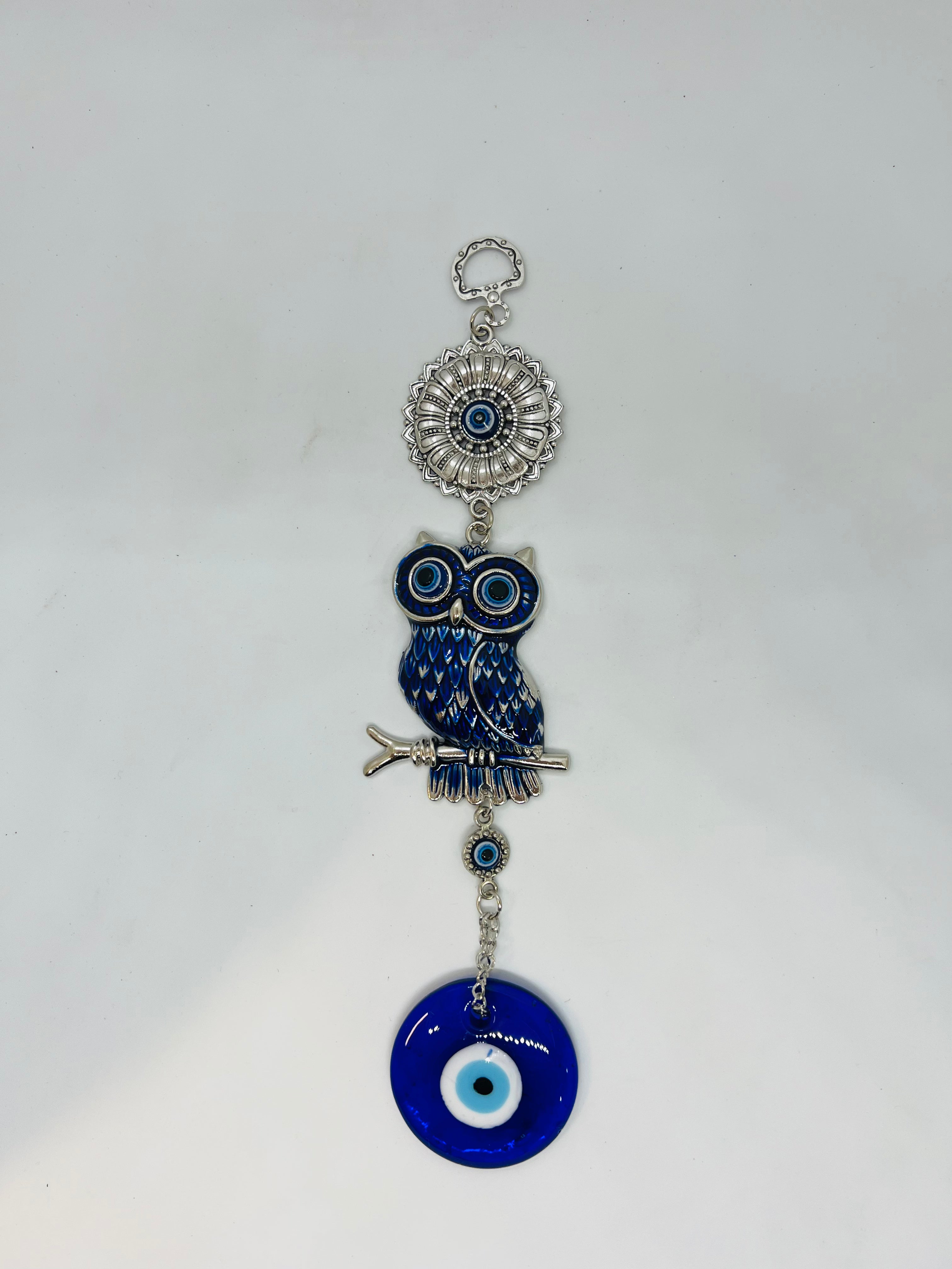 Owl Evil Eye Wall Hanging – Nazar Protection Decor – Blue Glass Charm – Decorative Hanging Ornament